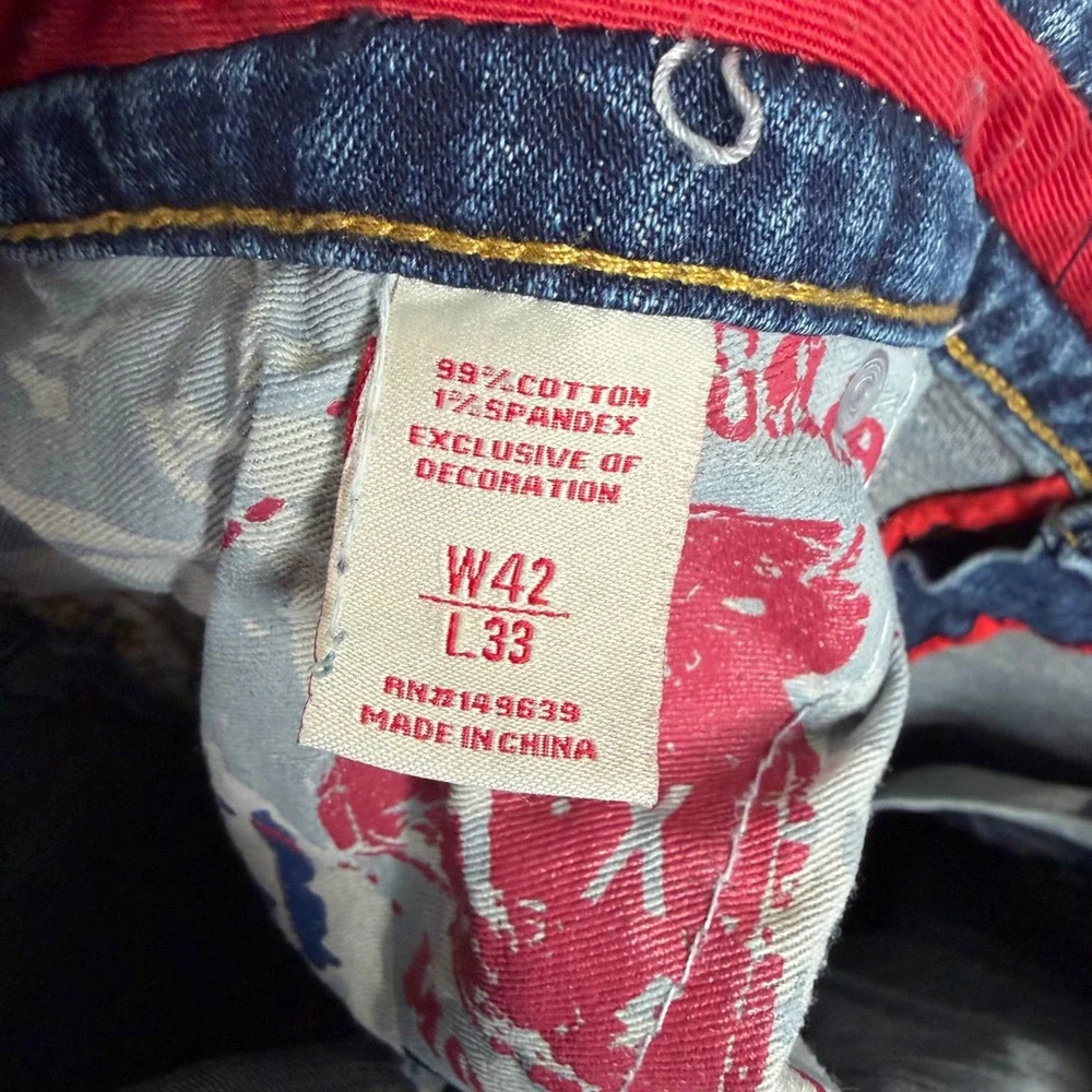 Smugglers Moon Distressed Ripped Paint Splatter Blue Jeans Button Fly Mens 42x33